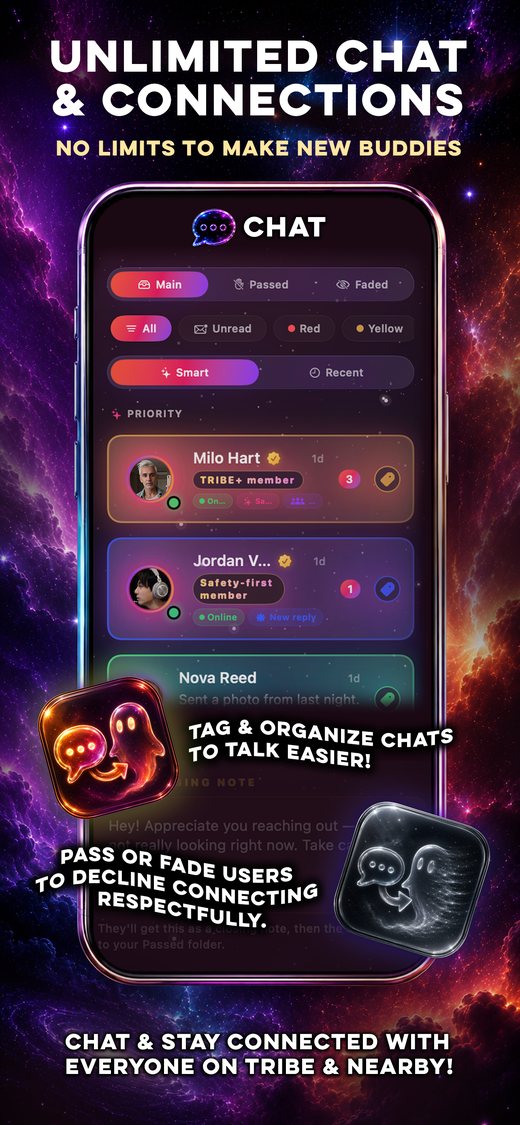 TRIBE chat with tags and pass or fade tools